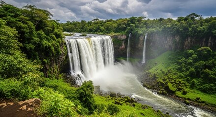 Fototapeta premium Majestic Waterfall Cascading Through Lush Green Jungle Overcast Sky with Dramatic Clouds