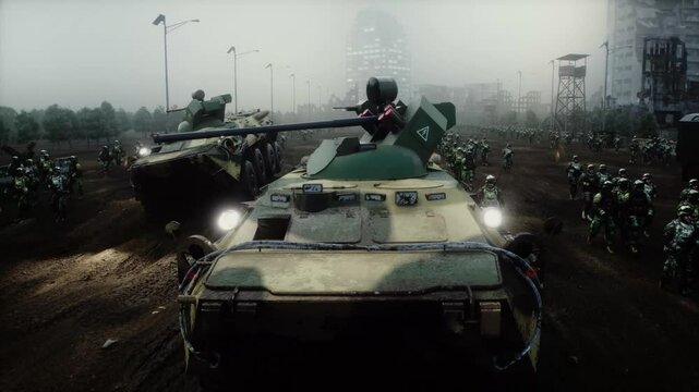 armored infantry vehicles with soldiers in in a ruined city.