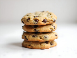 Depiction of stacked chocolate chip cookies to satisfy sweet cravings and serve as a delectable dessert or snack.