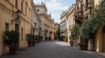 Fototapeta premium serene view of empty streets in european capital city showcasing stunning architecture and charming details