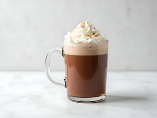 Hot chocolate in glass mug with whipped cream, serves as a sweet, comforting, and indulgent beverage enjoyed during cold weather or as a dessert