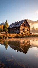 Fototapeta premium A charming, rustic cabin with a wooden exterior rests peacefully on the tranquil shore of a serene lake, surrounded by lush greenery and tall trees.