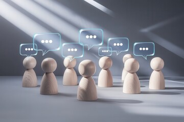 Wooden figures with communication bubble representing social media network discussion