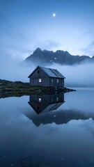 Fototapeta premium A charming small house with a cozy porch sits peacefully on the serene shore of a sparkling lake, surrounded by lush greenery and vibrant wildflowers.