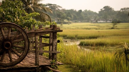 Fototapeta premium Vintage wooden cart wheel in rice paddy fields