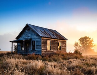 Obraz premium A quaint, rustic wooden cabin nestled among tall pine trees, featuring a charming front porch, a sloped roof, and warm, inviting wooden textures.