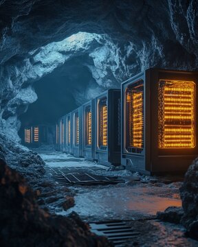 Cryptocurrency mining rig powered by geothermal energy, underground futuristic facility Keyword cryptocurrency mining rig, geothermal energy, underground facility  geothermal power source