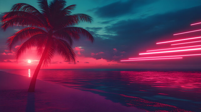 Tropical Sunset Palm Beach Neon Glow Serenity, dreamy pink and teal ocean view with a single palm tree silhouette during vibrant sunset, evoking relaxation and futuristic tropical scene