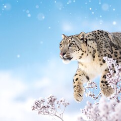 Fototapeta premium A majestic snow leopard stands gracefully atop a vibrant patch of wildflowers, its striking fur contrasting beautifully with the colorful blooms below.