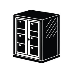Stylized black and white illustration of a cabinet with doors and shelves