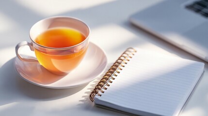 Tea cup and notebook on desk