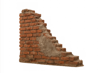 Crumbling red brick wall section isolated on transparent background, showing decay and damage, ideal for architectural visualization or compositing