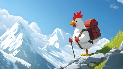 Chicken hiking in mountains illustration