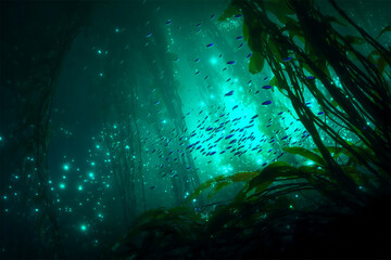 Obraz premium Underwater bioluminescent kelp forest shimmering