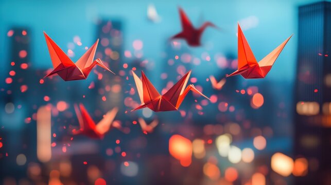 digital origami cranes symbolizing agile business workflows above abstract cityscape