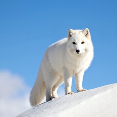 Obraz premium A majestic white fox stands gracefully atop a pristine blanket of snow, its fur glistening in the soft winter sunlight, surrounded by a serene, snowy landscape.