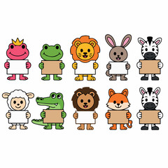 Obraz premium Cartoon animals holding signs illustration vector drawing frog lion zebra fox sheep alligator rabbit 100