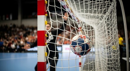 Handball Goal Scored Net Ball In Arena Crowd Blurred Background Action Shot