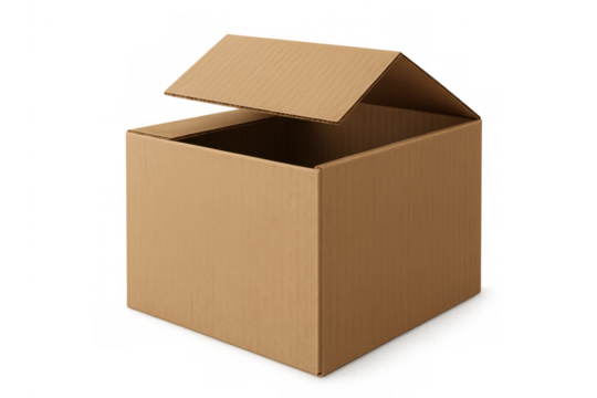 Cardboard shipping box standing ajar, prepared for transport against transparent backdrop