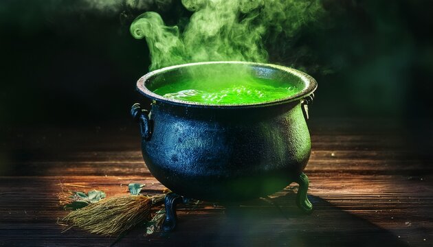 enchanting green potion boils in a mystical cauldron