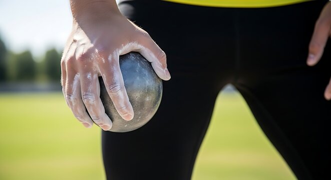 Close up of athlete's hand holding shot put ball ready for competition on a grassy field