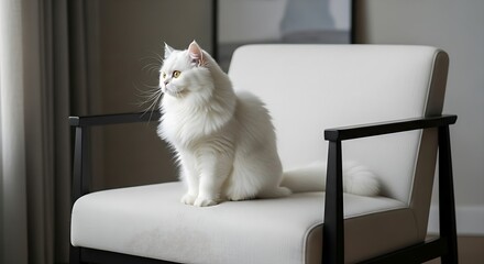 Fluffy white cat sitting on a modern chair looking out the window