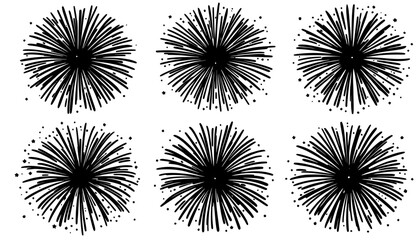A set of six hand-drawn fireworks illustrations in a simple black and white vector format, perfect for adding festive flair to designs and celebrations.