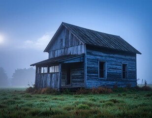 Obraz premium A charming wooden house stands proudly in the center of a vast, open field, surrounded by lush green grass and wildflowers under a clear blue sky.