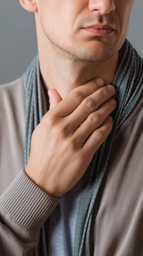 Close up of male hand gently touching throat, expressing discomfort related to tonsil stones in soft lighting, highlighting unease and concern