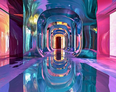 Distorted funhouse mirror texture surreal warped reflections disorienting composition