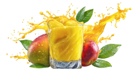 Glass of mango juice with splash and fruit garnish, isolated on tranparent background 