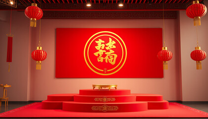 Festive Chinese New Year celebration design features hanging lanterns and a red and gold theme, perfect for traditional greetings.
