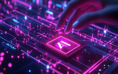 Hand Interacting With Glowing Circuit Board Chip