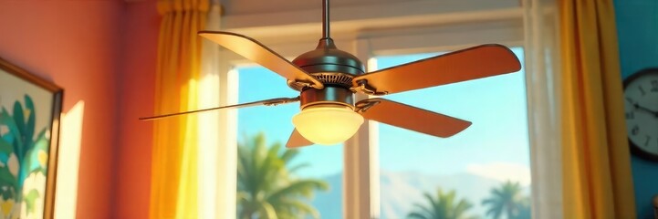 Cool Summer Breeze Rotating Ceiling Fan in Sunny Room, Relaxing Home Decor Scene
