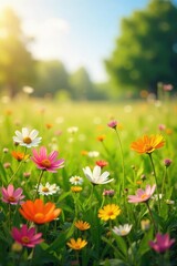 Obraz premium Sun-Drenched Wildflower Meadow A Vibrant Spring Landscape of Carefree Joy and Natural Beauty