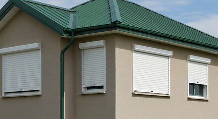 Close-up of a house corner with three windows covered by white roller shutters and a green roof.