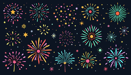 A vibrant collection of colorful fireworks illustrations bursting against a dark night sky, perfect for various festive celebration designs and graphic projects.