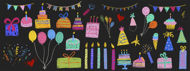 Party kids chalk hand drawing big set. Decoration festive happy birthday holiday items: cakes, candles, gift boxes, balloons, garlands, hats. Collection pencil freehand isolated vector illustration