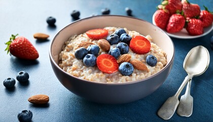 a bowl of oatmeal with blueberries strawberries and almonds