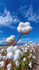 Cotton farm, Cotton plants swaying in the wind on a cloudy day.