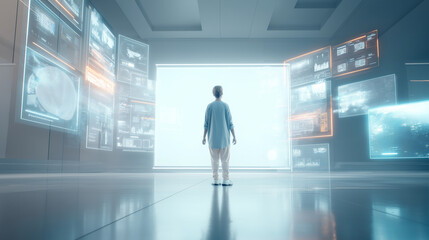businessman in front of a virtual screen