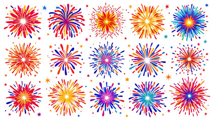 A vibrant collection of colorful, stylized fireworks illustrations presented as vector graphics, perfect for festive celebrations and design projects.