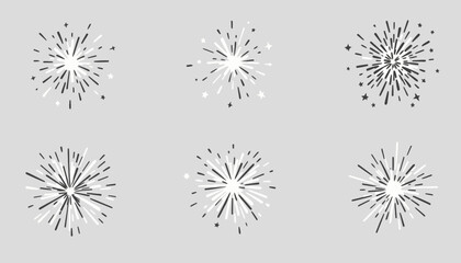 Obraz premium A collection of six unique hand-drawn vector starbursts, resembling vintage sunbursts or small explosions, perfect for graphic design elements.