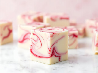 Artisan soap bars, handcrafted for cleansing, feature elegant red swirls on a creamy white base, offering a luxurious bathing experience