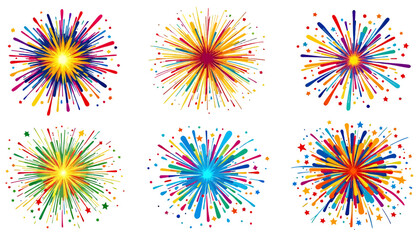 A vibrant collection of abstract colorful fireworks explosions, perfect for celebratory designs and festive backgrounds, presented as isolated vector elements.