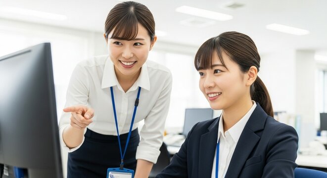 新しい知識を吸収、笑顔で指導を受ける若手日本人女性社員
