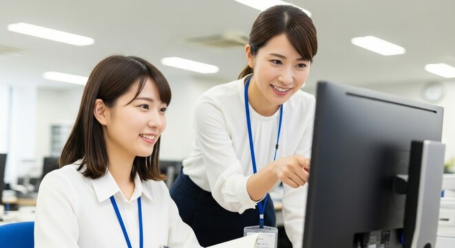 新しい知識を吸収、笑顔で指導を受ける若手日本人女性社員