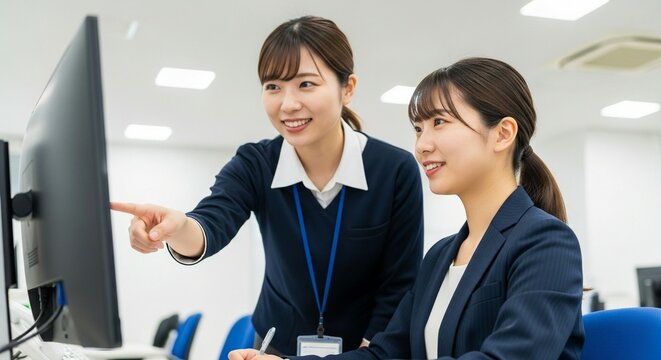 新しい知識を吸収、笑顔で指導を受ける若手日本人女性社員
