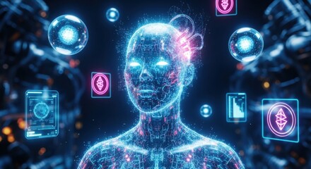 Obraz premium Digital Futuristic Woman With Blockchain Technology Symbols Floating Around Her