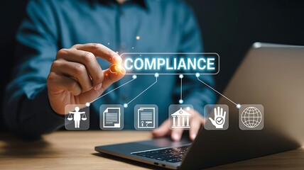 Person interacting with digital compliance icons and text hand touching